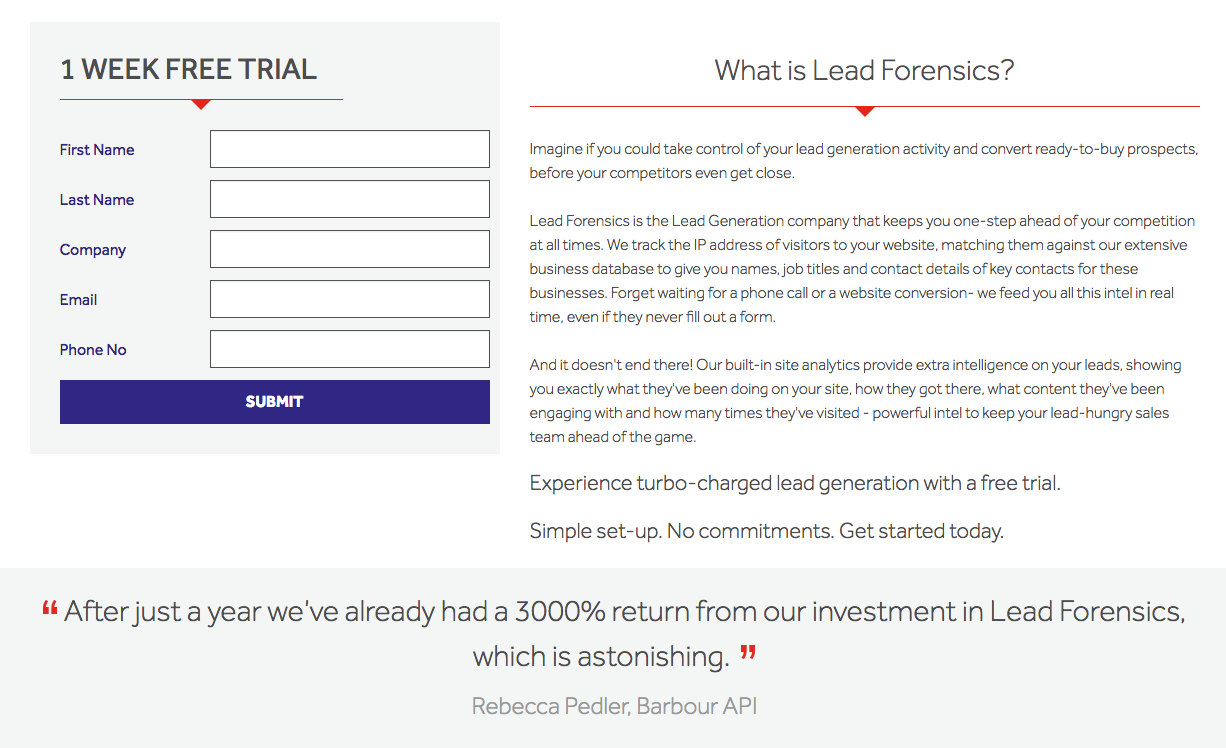 Lead generation landing page testimonial